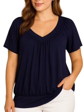 Zenana Navy Soft Buttery Tee Buttery Casual V-Neck Short Sleeve Top Large
